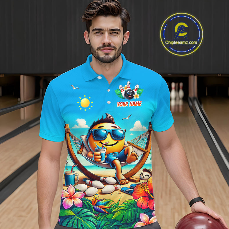 Man wearing a summer polo shirt with a colorful design in a bowling alley