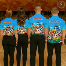 Load image into Gallery viewer, Four people wearing summer team shirts with a colorful design on a bowling alley.
