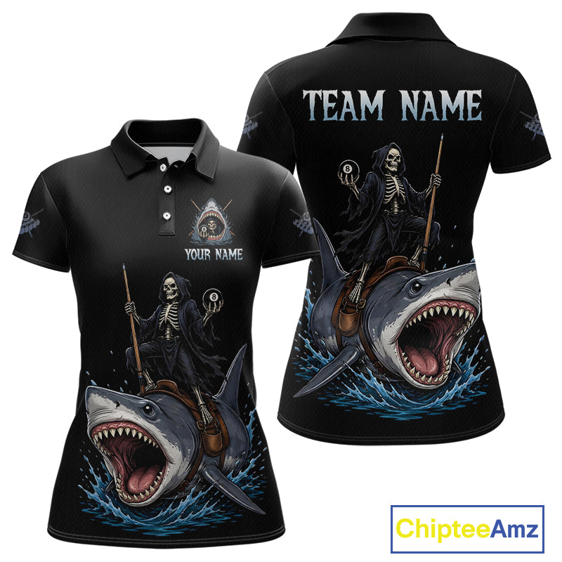 Black polo shirt with skeleton and shark design, customizable text on a white background