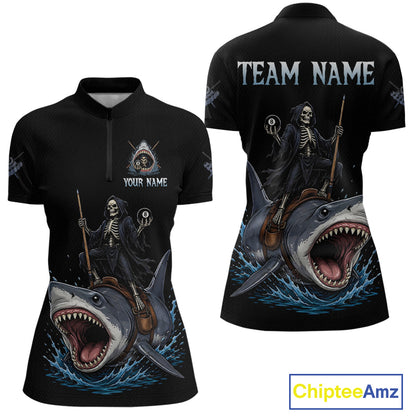 Black polo shirt with skeleton and shark design, customizable text on a white background