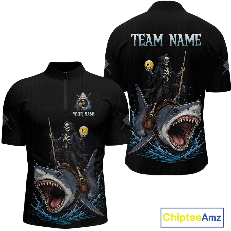 Black polo shirt with skeleton and shark design on a white background