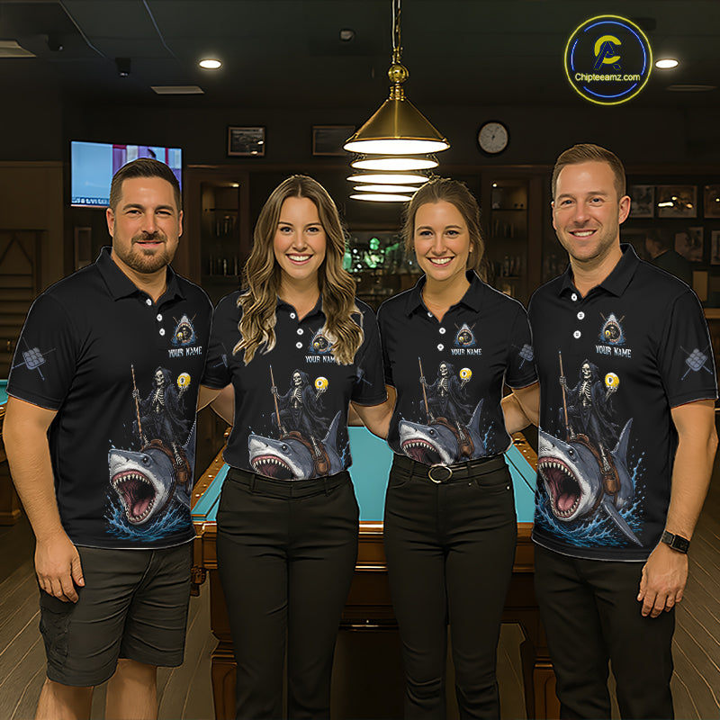 Four people wearing matching polo shirts with shark graphics in a bar setting.