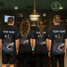Load image into Gallery viewer, Four people wearing matching black shirts with team names and graphics in a room.