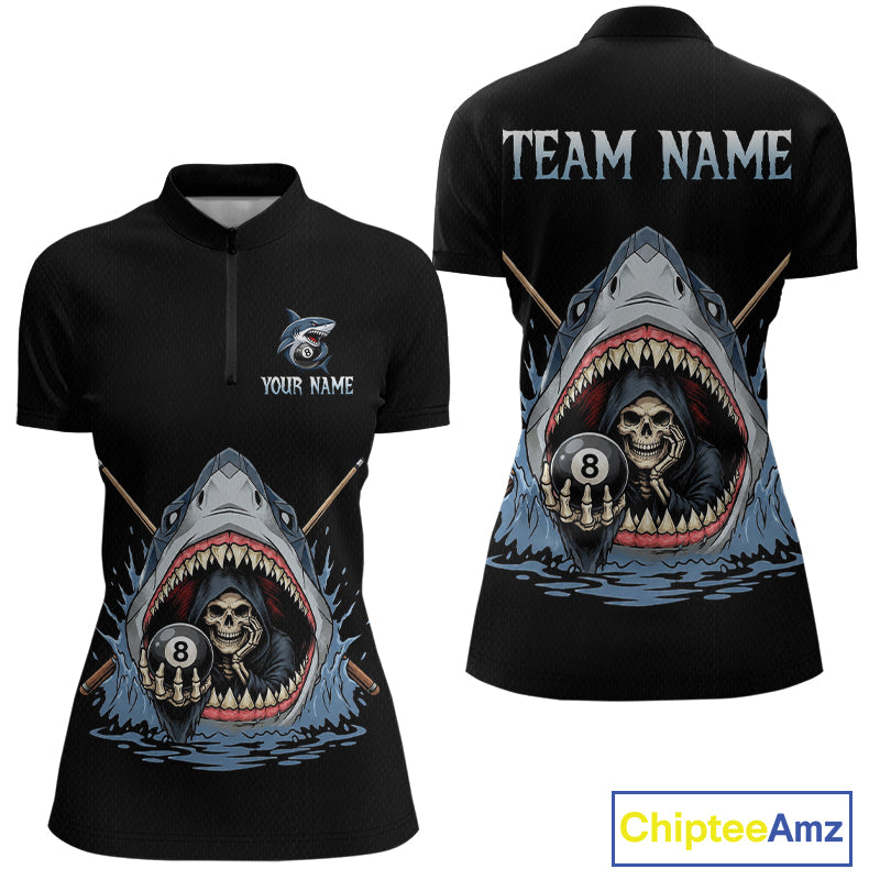 Black polo shirt with shark and skull design on front and back, customizable text.