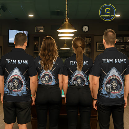Four people wearing black t-shirts with a shark and skull design on the back, standing in a room with pool tables.