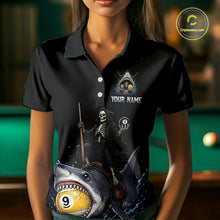 Load image into Gallery viewer, Black polo shirt with a graphic design of a skeleton riding a shark with a pool ball, worn by a person in front of a pool table.