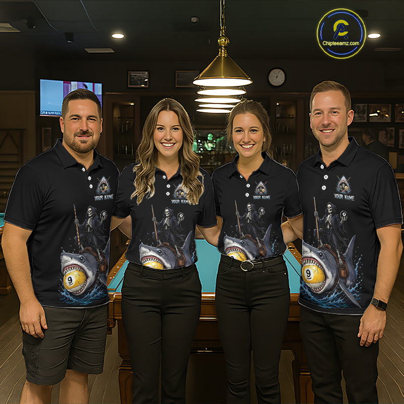 Four people wearing matching polo shirts with a shark graphic design in a bar setting.