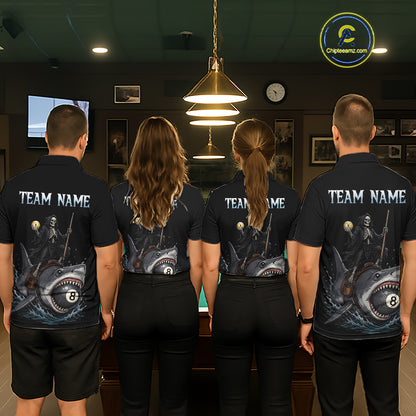 Four people wearing black shirts with a team name design, standing in a room with a pool table.