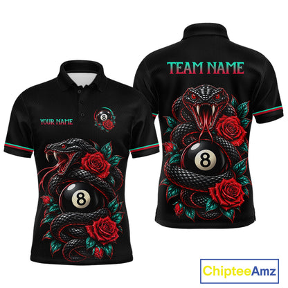 Black short-sleeve polo shirt shown from front and back, featuring a large graphic of a black snake, red roses, and an 8-ball, with customizable text areas on the chest and back and a visible ChipteeAmz logo watermark.