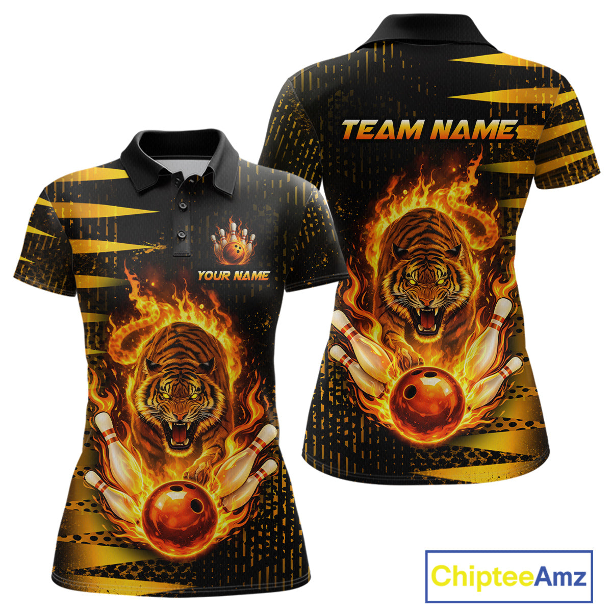 Custom Flame Tiger Bowling Team Jersey Bowling Shirt for Women Bowling League Polo & 1/4 Zip HNT201