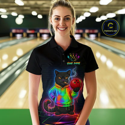 Custom Neon Black Cat Bowling Jersey for Women Funny Bowling League Bowling Team Shirts HN291