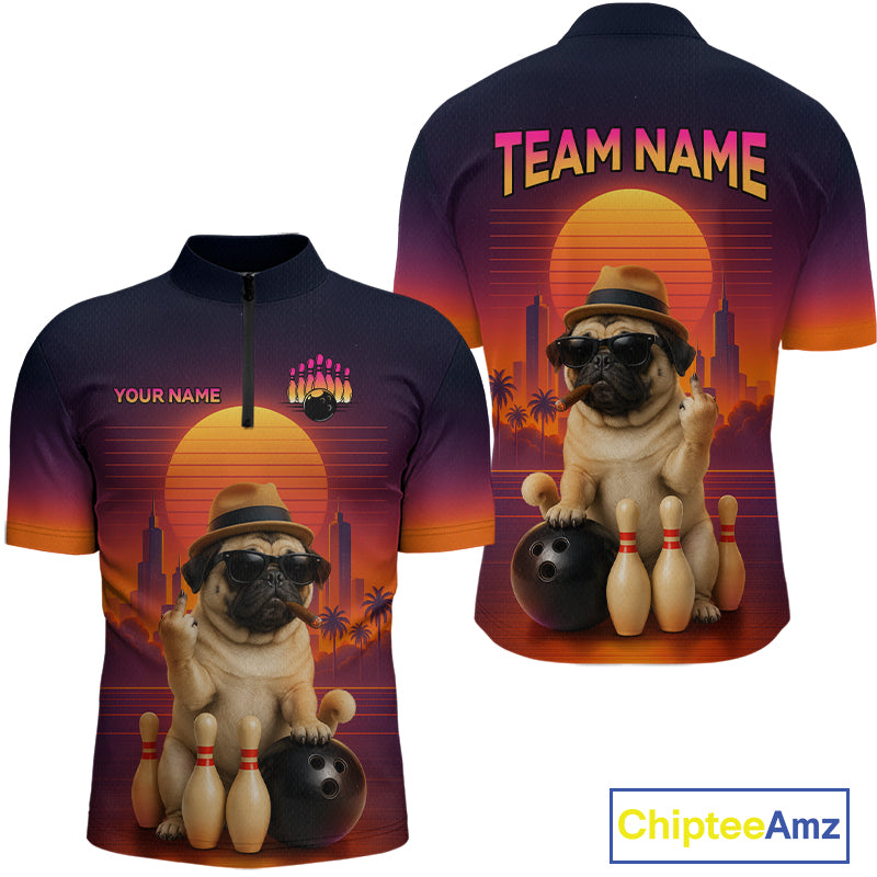 Custom Funny PugDog Bowling Jersey for Men Bowling Team Shirts for Bowler Polo & 1/4 Zip HNT538