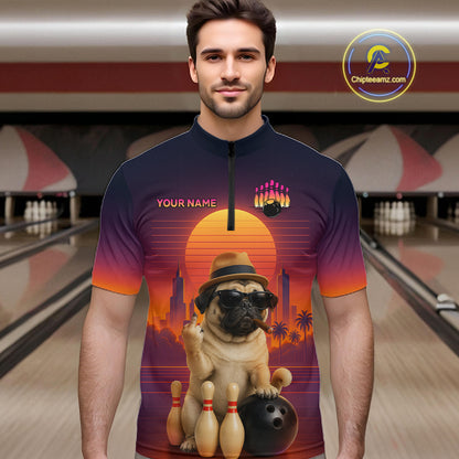Custom Funny PugDog Bowling Jersey for Men Bowling Team Shirts for Bowler Polo & 1/4 Zip HNT538
