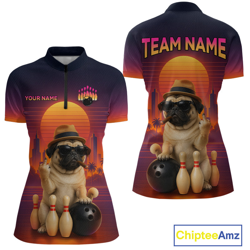 Custom Funny PugDog Bowling Jersey for Women Bowling Team Shirts for Bowler Polo & 1/4 Zip HNT538