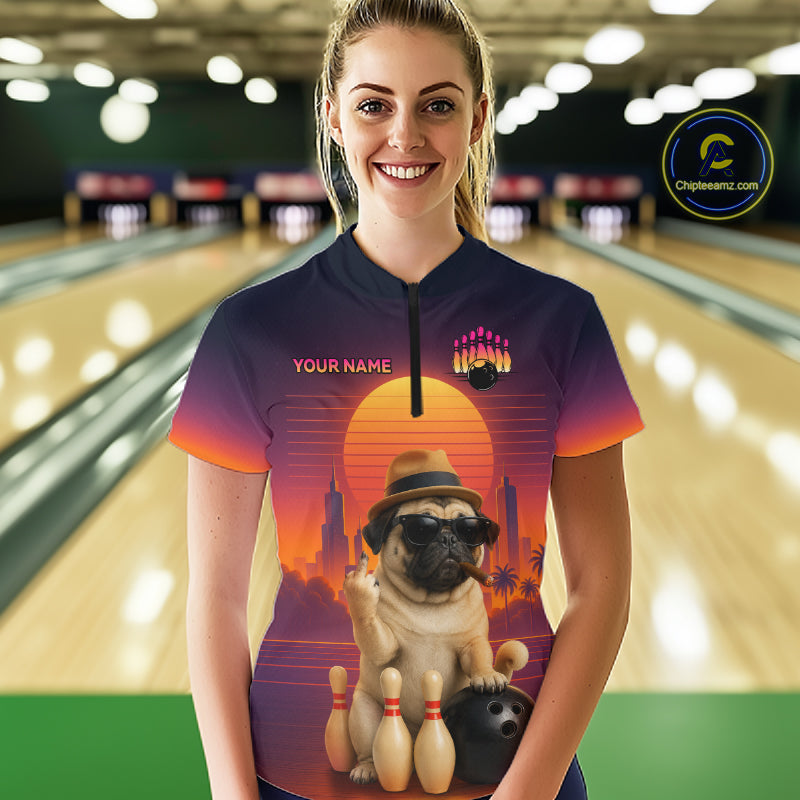Custom Funny PugDog Bowling Jersey for Women Bowling Team Shirts for Bowler Polo & 1/4 Zip HNT538