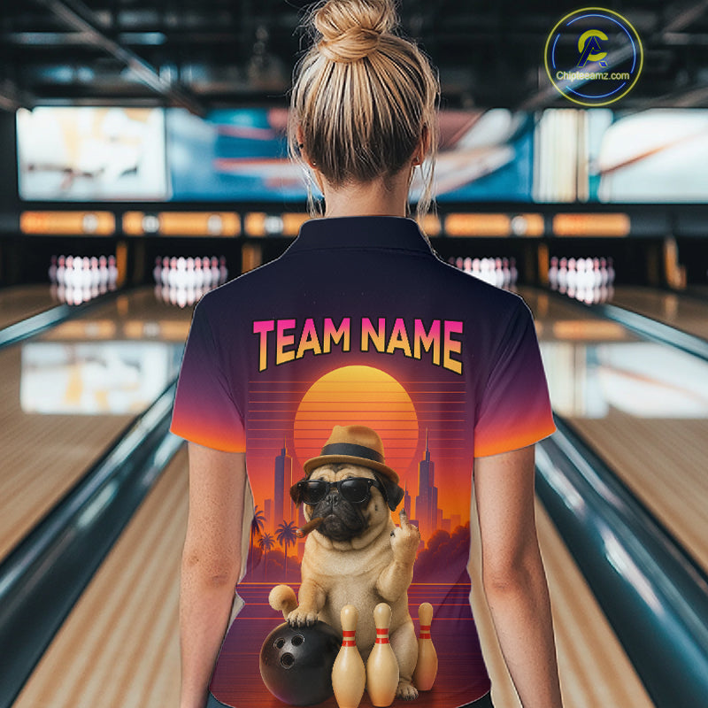 Custom Funny PugDog Bowling Jersey for Women Bowling Team Shirts for Bowler Polo & 1/4 Zip HNT538