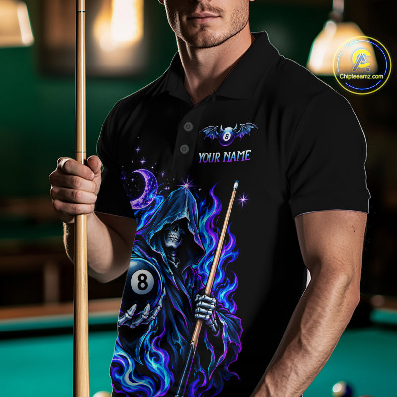 Custom Neon Flaming Grim Reaper 8 Ball Billiard Team Shirts for Men Billiard League Jerseys NNT340