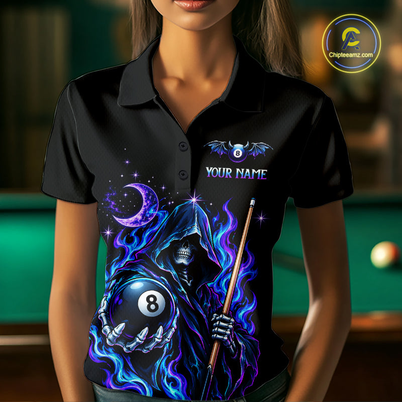 Custom Neon Flaming Grim Reaper 8 Ball Billiard Team Shirts for Women Billiard League Jerseys NNT340