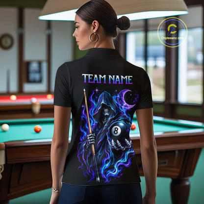 Custom Neon Flaming Grim Reaper 8 Ball Billiard Team Shirts for Women Billiard League Jerseys NNT340