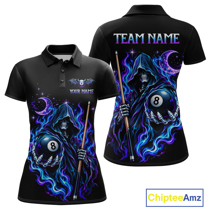 Custom Neon Flaming Grim Reaper 8 Ball Billiard Team Shirts for Women Billiard League Jerseys NNT340