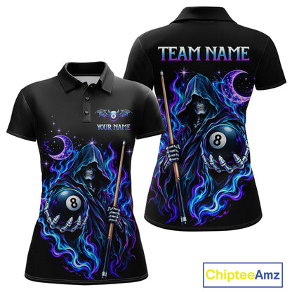 Custom Neon Flaming Grim Reaper 8 Ball Billiard Team Shirts for Women Billiard League Jerseys NNT340
