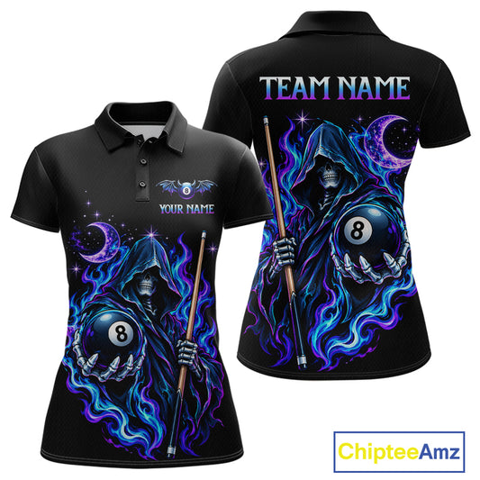 Custom Neon Flaming Grim Reaper 8 Ball Billiard Team Shirts for Women Billiard League Jerseys NNT340