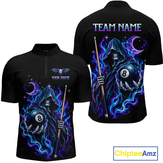 Custom Neon Flaming Grim Reaper 8 Ball Billiard Team Shirts for Men Billiard League Jerseys NNT340