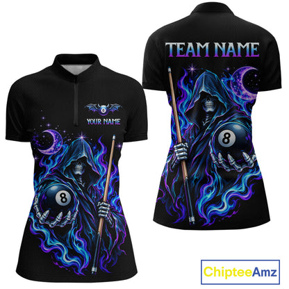 Custom Neon Flaming Grim Reaper 8 Ball Billiard Team Shirts for Women Billiard League Jerseys NNT340