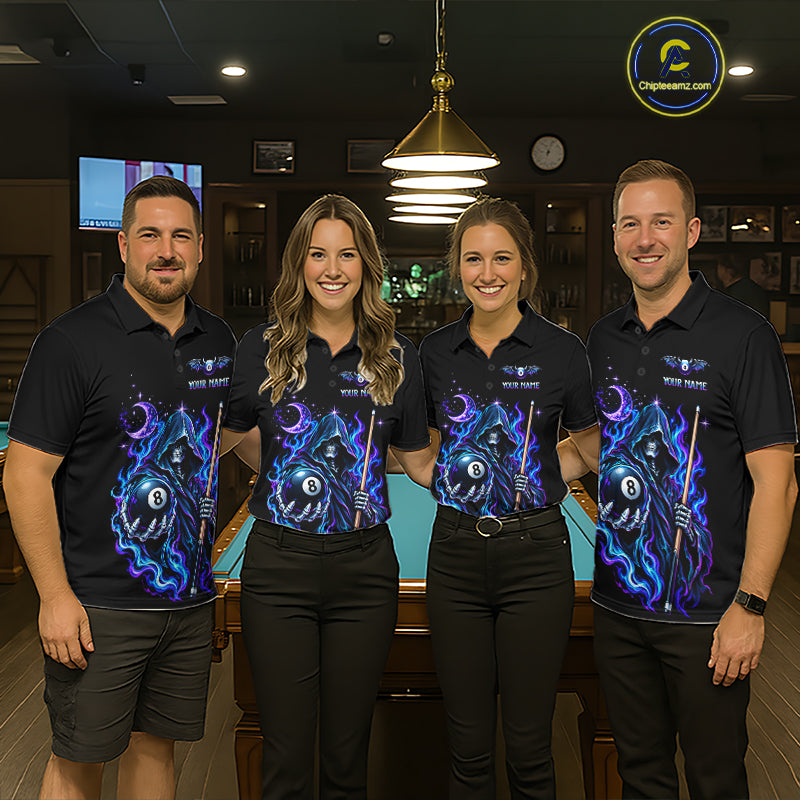 Custom Neon Flaming Grim Reaper 8 Ball Billiard Team Shirts for Women Billiard League Jerseys NNT340