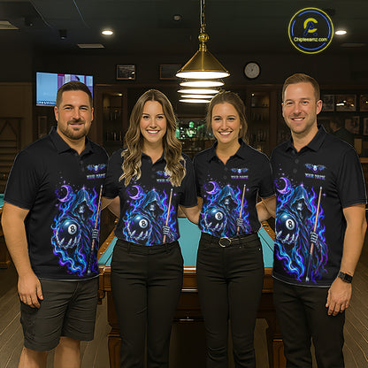 Custom Neon Flaming Grim Reaper 8 Ball Billiard Team Shirts for Women Billiard League Jerseys NNT340