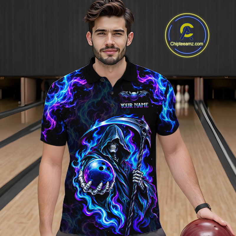 Custom Neon Flaming Grim Reaper Bowling Team Shirts Bowling Jersey for Men Bowling League HNT624