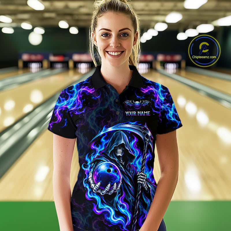 Custom Neon Flaming Grim Reaper Bowling Team Shirts Bowling Jersey for Women Bowling League HNT624