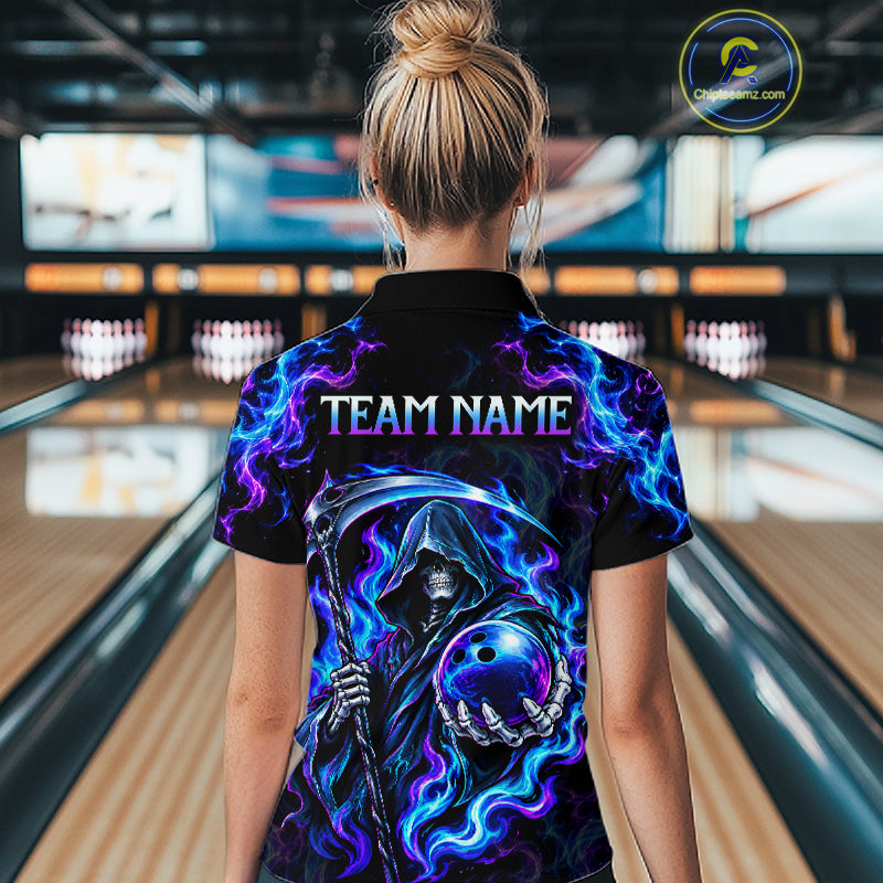 Custom Neon Flaming Grim Reaper Bowling Team Shirts Bowling Jersey for Women Bowling League HNT624