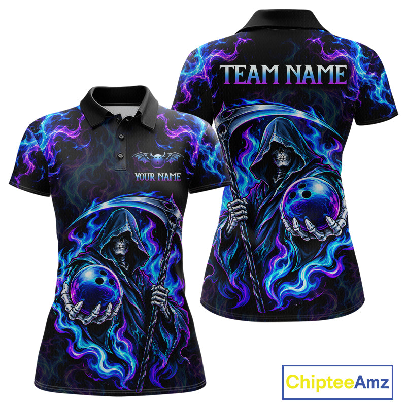 Custom Neon Flaming Grim Reaper Bowling Team Shirts Bowling Jersey for Women Bowling League HNT624