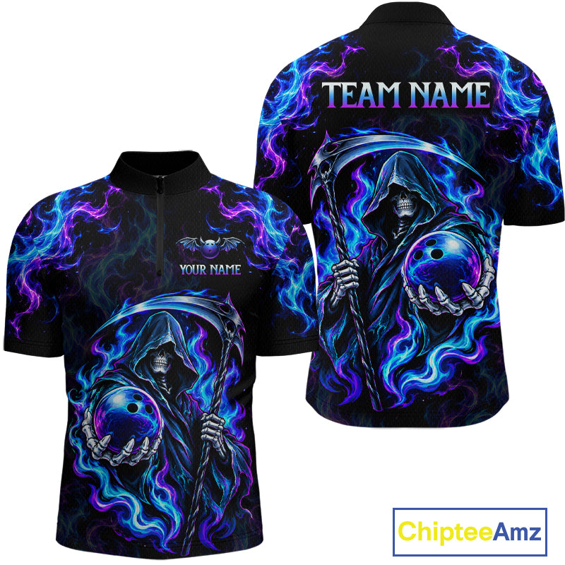 Custom Neon Flaming Grim Reaper Bowling Team Shirts Bowling Jersey for Men Bowling League HNT624