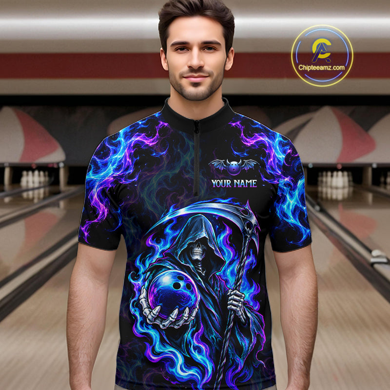 Custom Neon Flaming Grim Reaper Bowling Team Shirts Bowling Jersey for Men Bowling League HNT624