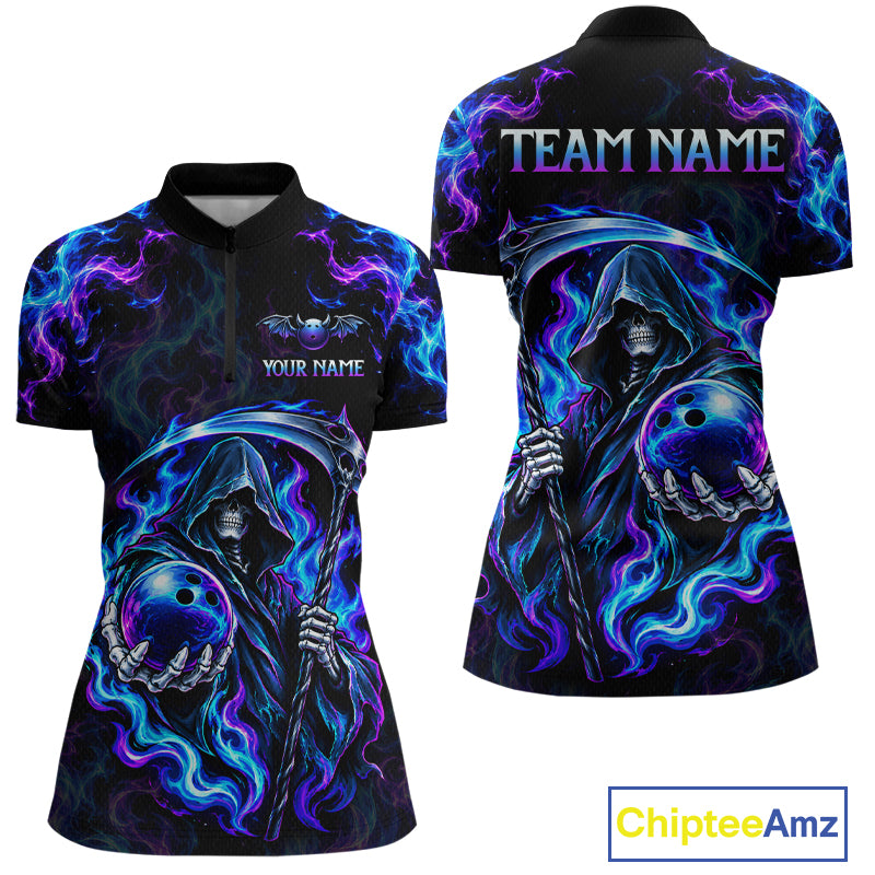 Custom Neon Flaming Grim Reaper Bowling Team Shirts Bowling Jersey for Women Bowling League HNT624