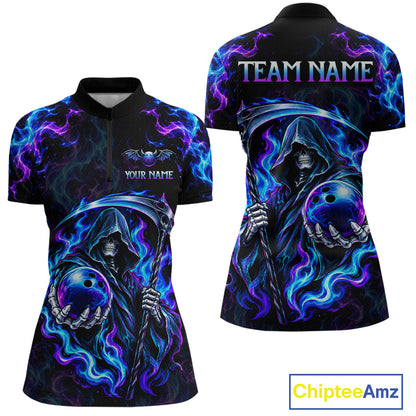 Custom Neon Flaming Grim Reaper Bowling Team Shirts Bowling Jersey for Women Bowling League HNT624
