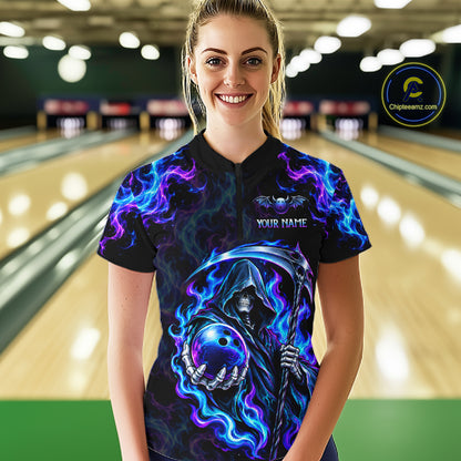 Custom Neon Flaming Grim Reaper Bowling Team Shirts Bowling Jersey for Women Bowling League HNT624