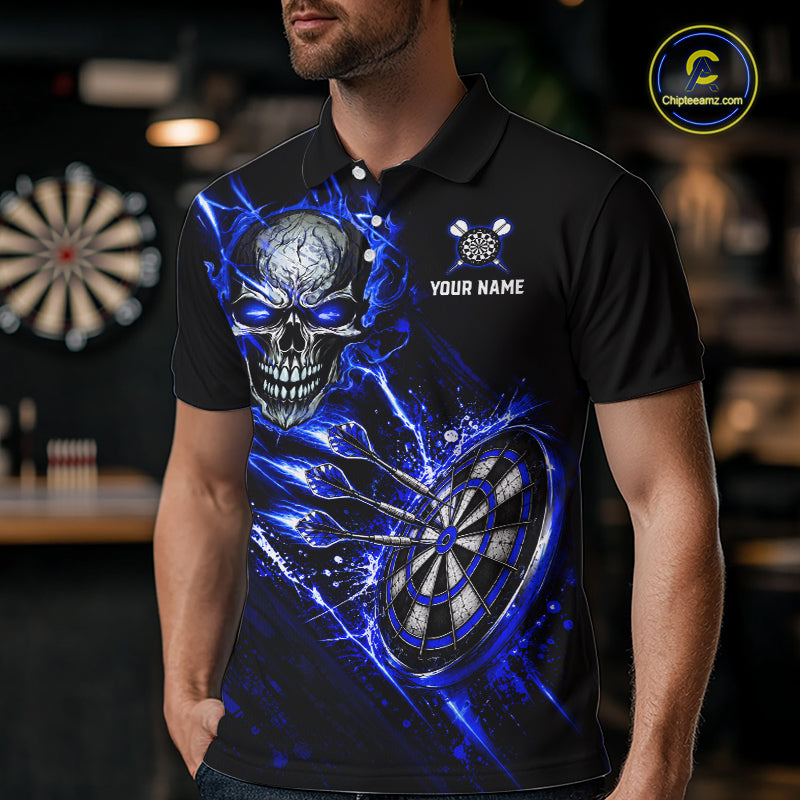 Blue Lightning Skull Darts Shirts Custom Darts Team Shirts for Men Dart Gifts Polo & 1/4 Zip NNT376