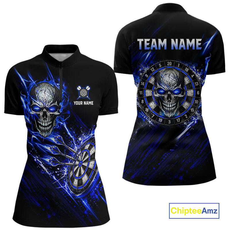 Blue Lightning Skull Darts Shirts Custom Darts Team Shirts for Women Dart Gifts Polo & 1/4 Zip NNT376