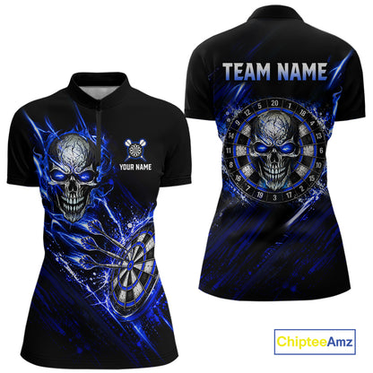 Blue Lightning Skull Darts Shirts Custom Darts Team Shirts for Women Dart Gifts Polo & 1/4 Zip NNT376