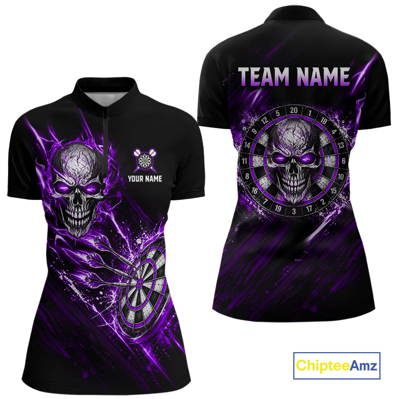 Purple Lightning Skull Darts Shirts Custom Darts Team Shirts for Women Dart Gifts Polo & 1/4 Zip NNT376