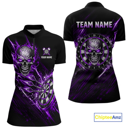 Purple Lightning Skull Darts Shirts Custom Darts Team Shirts for Women Dart Gifts Polo & 1/4 Zip NNT376