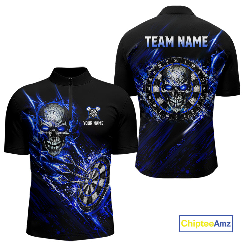 Blue Lightning Skull Darts Shirts Custom Darts Team Shirts for Men Dart Gifts Polo & 1/4 Zip NNT376