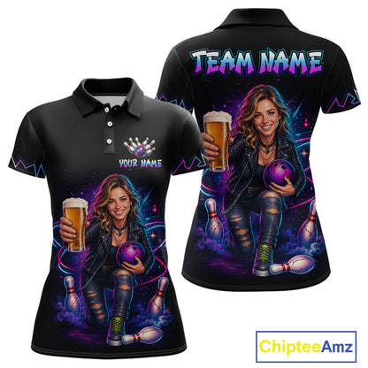 Custom Photo Funny Beer Galaxy Bowling Jersey for Women Bowling Team Shirts Polo & 1/4 Zip HNT312