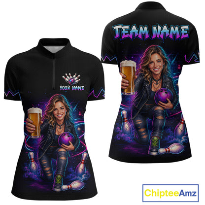 Custom Photo Funny Beer Galaxy Bowling Jersey for Women Bowling Team Shirts Polo & 1/4 Zip HNT312