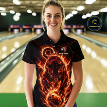 Load image into Gallery viewer, Woman wearing a black shirt with a fiery tiger design in a bowling alley.