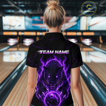 Load image into Gallery viewer, Person wearing a black shirt with a purple panther design and 'TEAM NAME' text in a bowling alley.