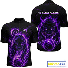Load image into Gallery viewer, Black polo shirt with purple panther design on front and back, customizable text areas, and Chiptee Amz branding.